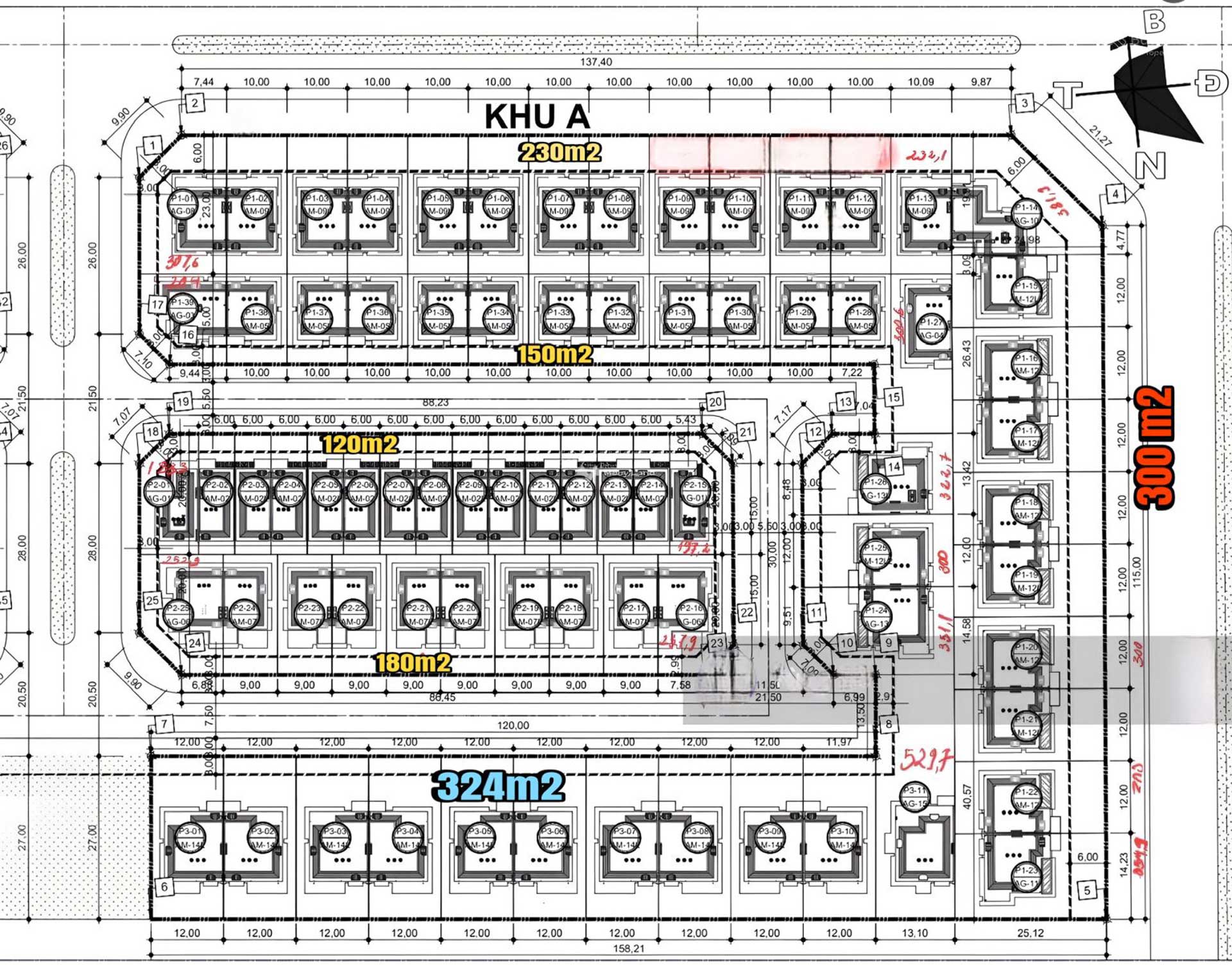 Sơ đồ layout mặt bằng ph&acirc;n l&ocirc; biệt thự khu P Ciputra thể hiện chi tiết 3 d&atilde;y P1, P2, P3 v&agrave; c&aacute;c loại diện t&iacute;ch