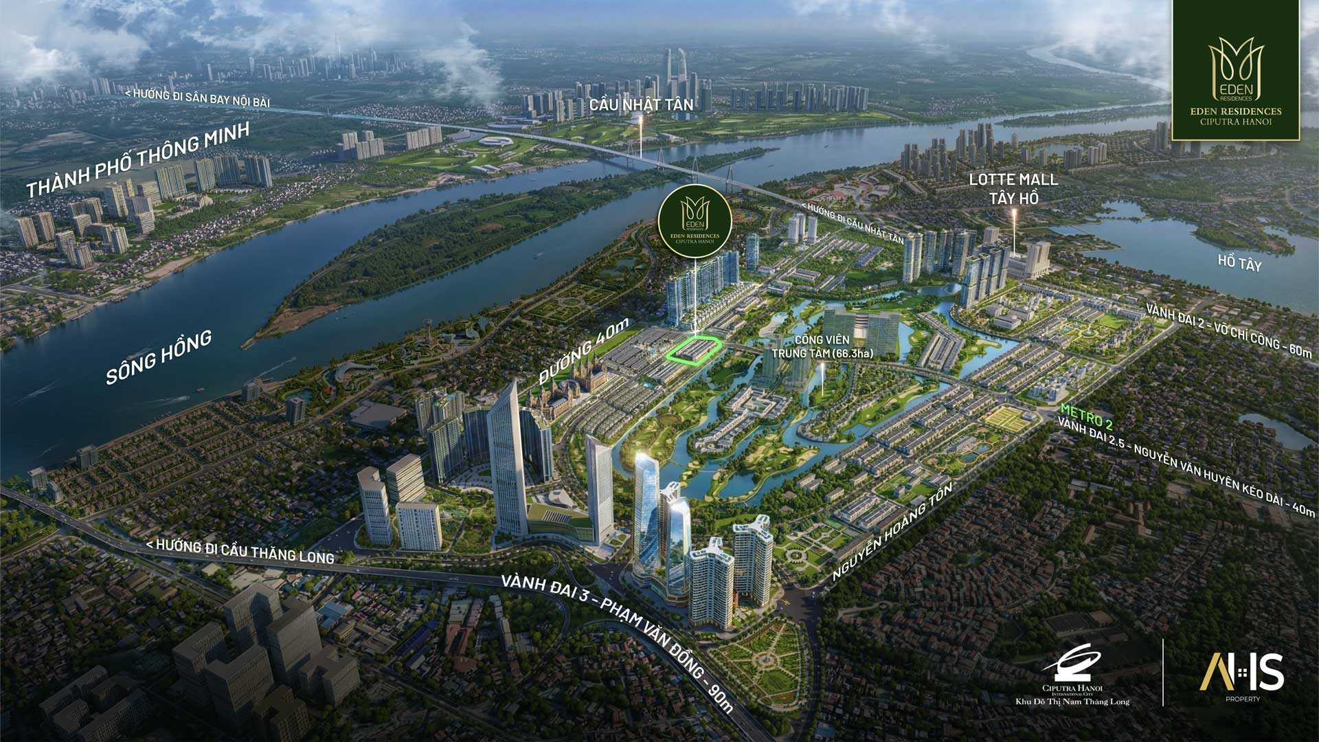 Phối cảnh tổng thể vị tr&iacute; biệt thự khu P Ciputra (Eden Residences) kề cận s&ocirc;ng Hồng v&agrave; c&aacute;c trục đại lộ huyết mạch